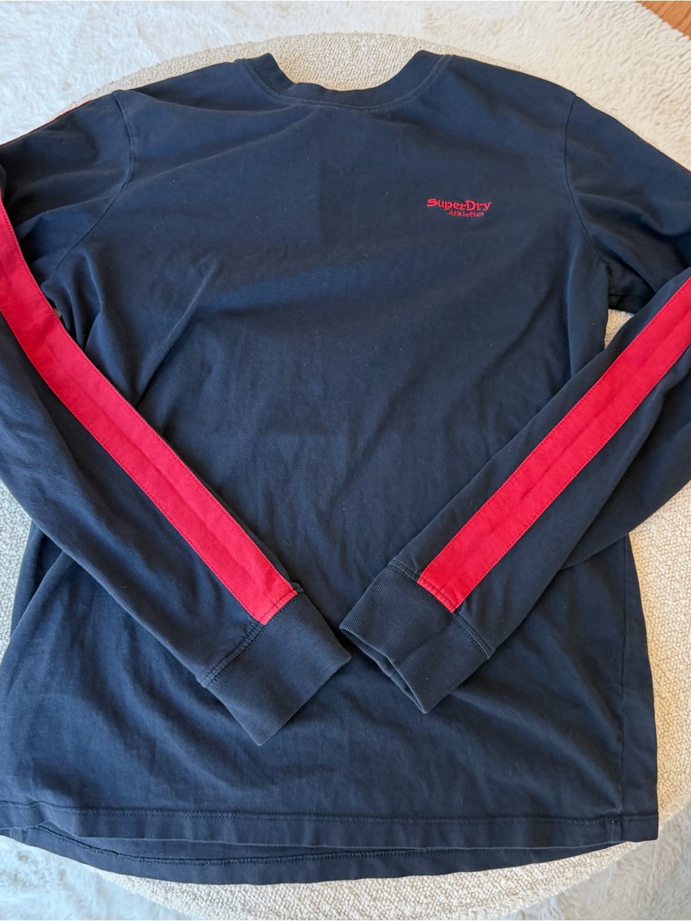 Superdry Men’s Navy Long Sleeve Shirt with Red Sleeve Stripes Size S